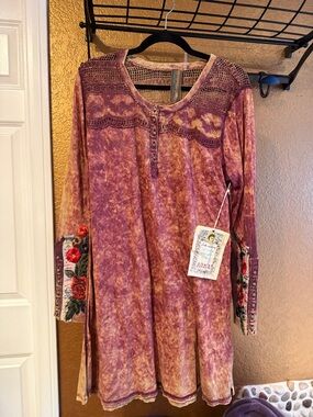 Aratta Women's Purple/Rust Embroidered Long-Sleeve Tunic Dress NWT